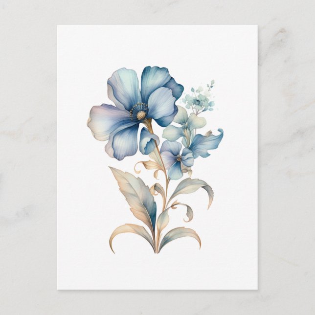 Cartão Postal Azul Flor Floral Ilustração Mínima Design (Frente)