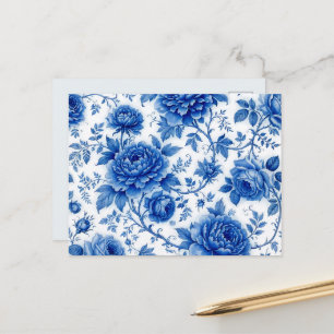 Cartão Postal Azul Fluido Flores Rosas Peônias Azul Cobalto Bran