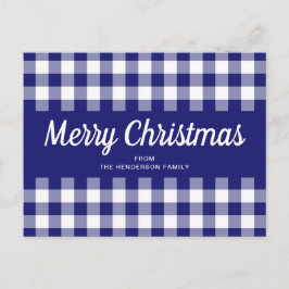 Cartão Postal Azul Gingham Xadrez Script Feliz Natal