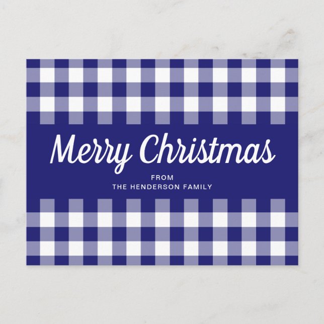 Cartão Postal Azul Gingham Xadrez Script Feliz Natal (Frente)