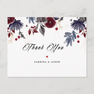 Cartão Postal Azul Marinho Borgonha Floral Gótico Casamento Obri