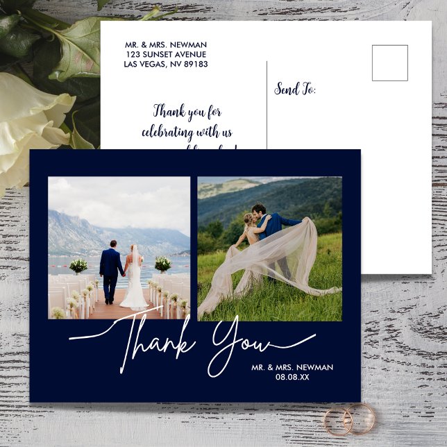 Cartão Postal Azul Marinho Casual Script Foto Casamento Obrigado (Criador carregado)
