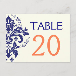 Cartão Postal Azul marinho Damask, número da mesa de casamento 