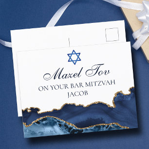 Cartão Postal Azul Marinho Dourado Bar Mitzvah Personalizado Maz