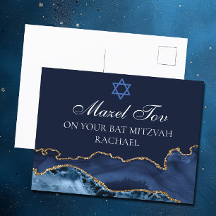 Cartão Postal Azul Marinho Dourado Bate Mitzvah Personalizado Ma