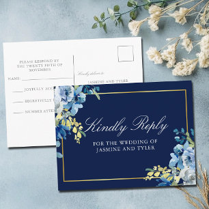 Cartão Postal Azul Marinho Dourado Floral Elegante Casamento RSV