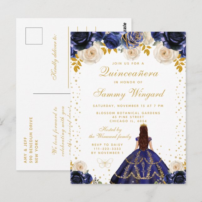 Cartão Postal Azul Marinho Floral Princesa Quinceañera (Frente/Verso)