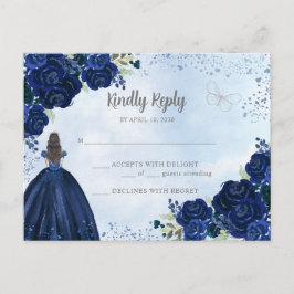 Cartão Postal Azul Marinho Floral Princesa Quinceañera RSVP