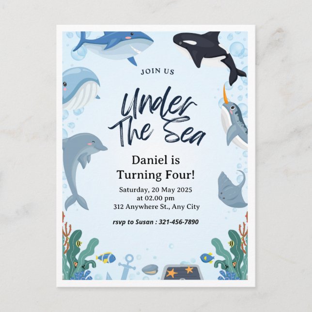 Cartão Postal Azul Marinho Oceano Debaixo do Mar Golfinho  Anive (Frente)