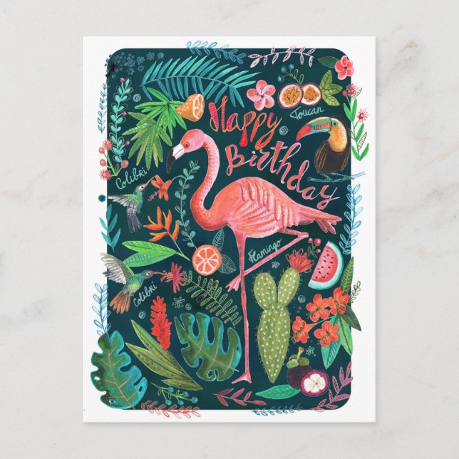 Cartão Postal Azul Moderno e Flamingo Rosa pintado Aniversário (Frente)