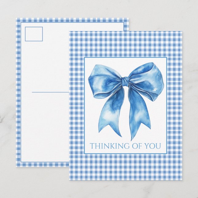 Cartão Postal Azul Préppy e Xadrez de Ginga Branco e Laço (Frente/Verso)