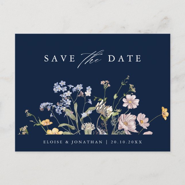 Cartão Postal Azul Primavera Wildflower Meadow Salvar Data (Frente)
