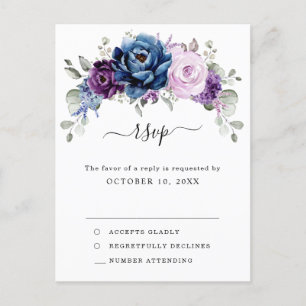 Cartão Postal Azul Púrpura Lilás Roxo Flores de Casamento RSVP