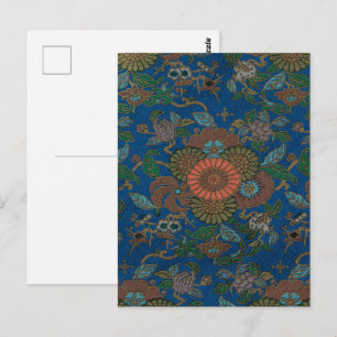 Cartão Postal Azul Real Padrão Floral Japonês Vintage