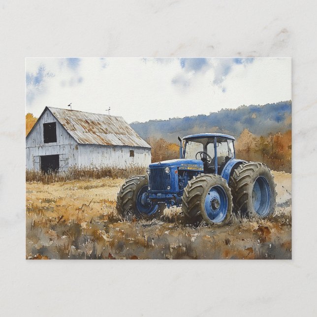 Cartão Postal Azul Russo Trator White Barn Watercolor (Frente)
