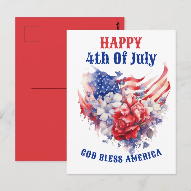 Cartão Postal Azul, vermelho, branco 4 de julho, aquarela (Frente/Verso)