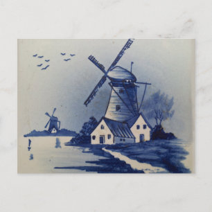 Cartão Postal Azul Vintage Delft Moinho de Vento Branco