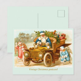 Cartão Postal Azul Vintage Papai Noel e Anjos Arte de Carro Anti