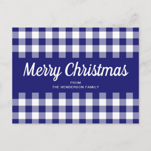 Cartão Postal Azul Xadrez Gingham Letra Maiúscula Natal Feliz