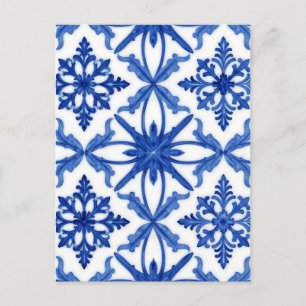 Cartão Postal Azulejo de Telha Azul Branco Padrão Floral