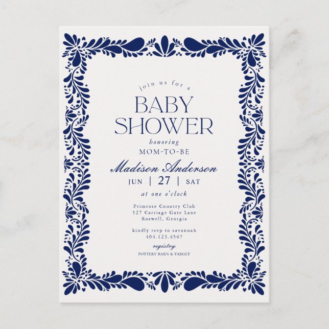 Cartão Postal Azulejo Talavera Azul Festa Espanhola Chá de Bebê (Frente)