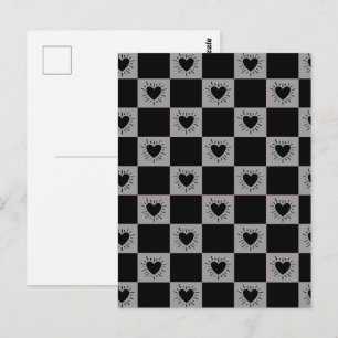 Cartão Postal Azulejo Xadrez Preto e Cinza Com Padrão de Coraçõe