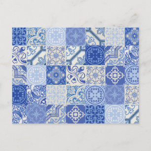 Cartão Postal Azulejos do Mediterrâneo Blue Ethnic Boho
