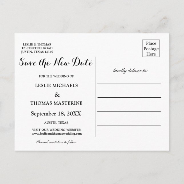 Cartão Postal B&W Personalized Save the New Date Postcard (Verso)