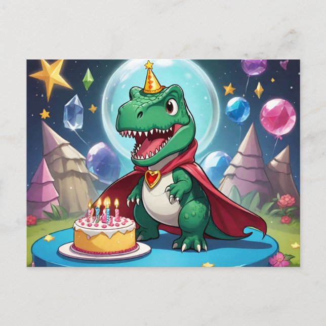 Cartão Postal Babay T-Rex em capa em frente ao bolo de aniversár (Frente)