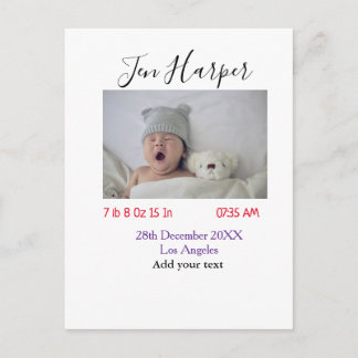 Cartão Postal Baby birth stats add name place date keepsake memo