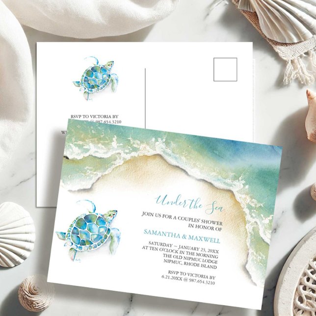 Cartão Postal Baby Boy Chá Invoca Tartaruga do Mar de Aquarela (Baby boy shower invitations cute watercolor under the sea turtle Victoria Grigaliunas DoTellABelle)