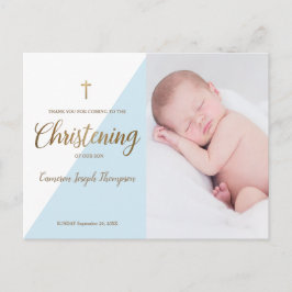 Cartão Postal Baby Boy Modern Blue Photo Christening Obrigado