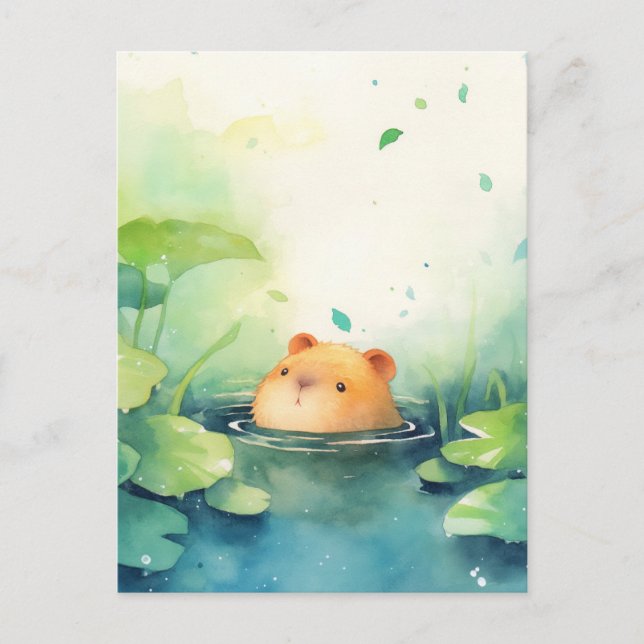 Cartão Postal Baby Capybara Peeking Out of Calm Green Lily Pad (Frente)