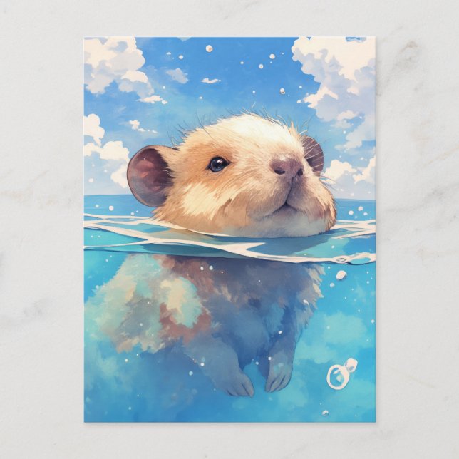 Cartão Postal Baby Capybara Swimming in Deep Blue Ocean Water (Frente)