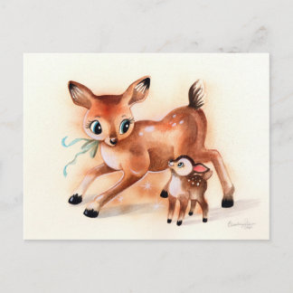 Cartão Postal Baby Fawn e mamãe Deer Cute Kitsch