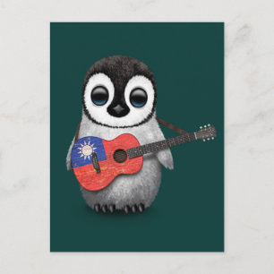 Cartão Postal Baby Penguin Tocando Bandeira de Taiwan Teal de Vi