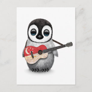 Cartão Postal Baby Penguin Tocando Pavilhão de Cingapura
