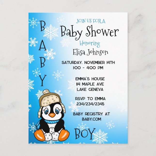Cartão Postal Baby Penguin Winter Chá de fraldas (Frente)