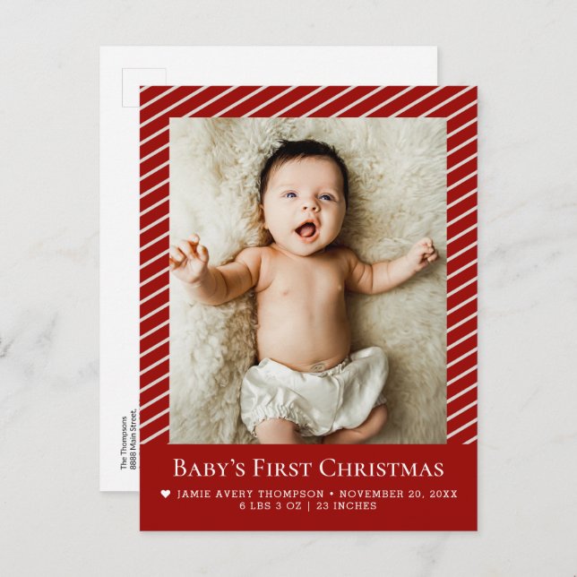 Cartão Postal Baby’s First Christmas Custom Photo Birth Stat (Frente/Verso)