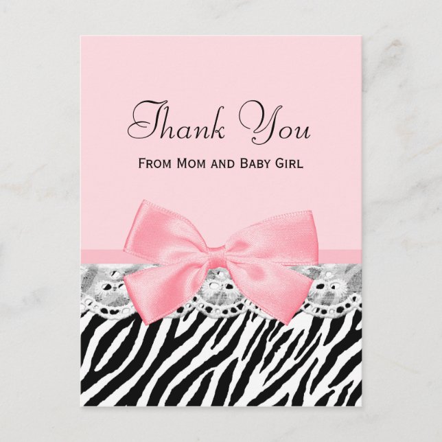 Cartão Postal Baby Thank You Pink Ribbon and Lace Zebra Print (Frente)