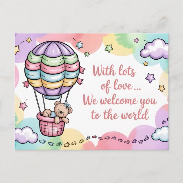 Cartão Postal Baby Welcome with Teddy Bear in Hot Air Balloon (Frente)