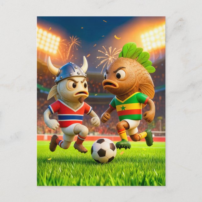 Cartão Postal Bacalhau norueguês versus peixe thieboudienne sene (Frente)