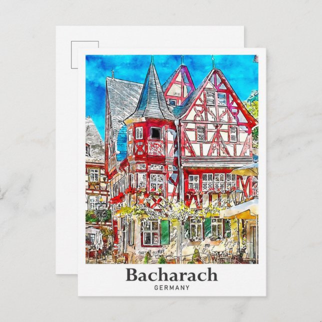 Cartão Postal Bacharach Alemanha Viagem Watercolor (Frente/Verso)