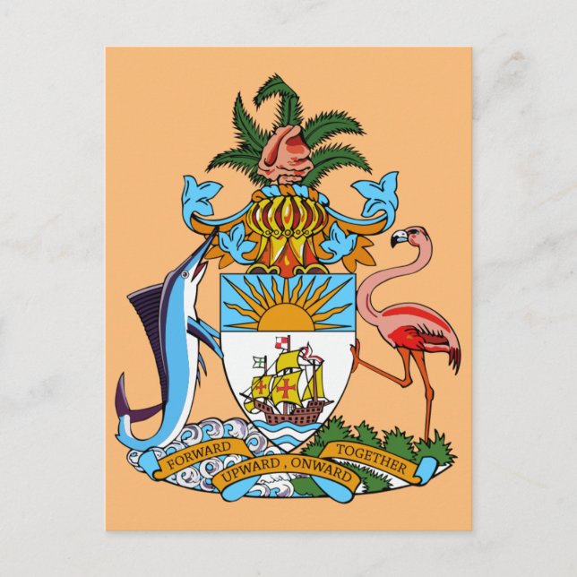 Cartão Postal Bahamas Casaco de Armas - Marlin, Flamingo, Conch (Frente)