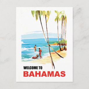 Cartão Postal Bahamas, Pessoas jovens na praia e Palm Trees