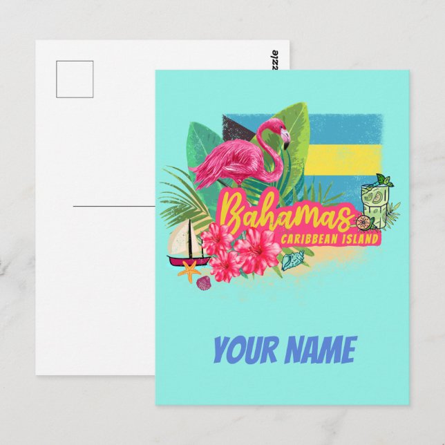 Cartão Postal Bahamas retro caribe ilha flamingo vintage (Frente/Verso)
