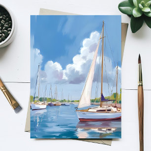 Cartão Postal Baía de Barcos à Vela Pintura em Aquarela Costei