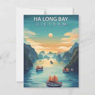 Cartão Postal Baía de Ha Long Vietnã Barcos Vintage