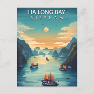 Cartão Postal Baía de Ha Long Vietnã Barcos Vintage