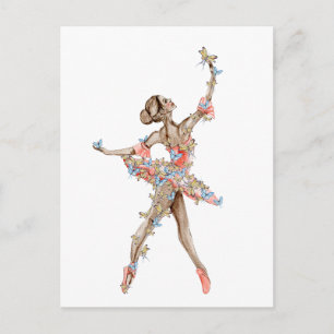 Cartão Postal Bailarina dançante aquarela com borboleta 